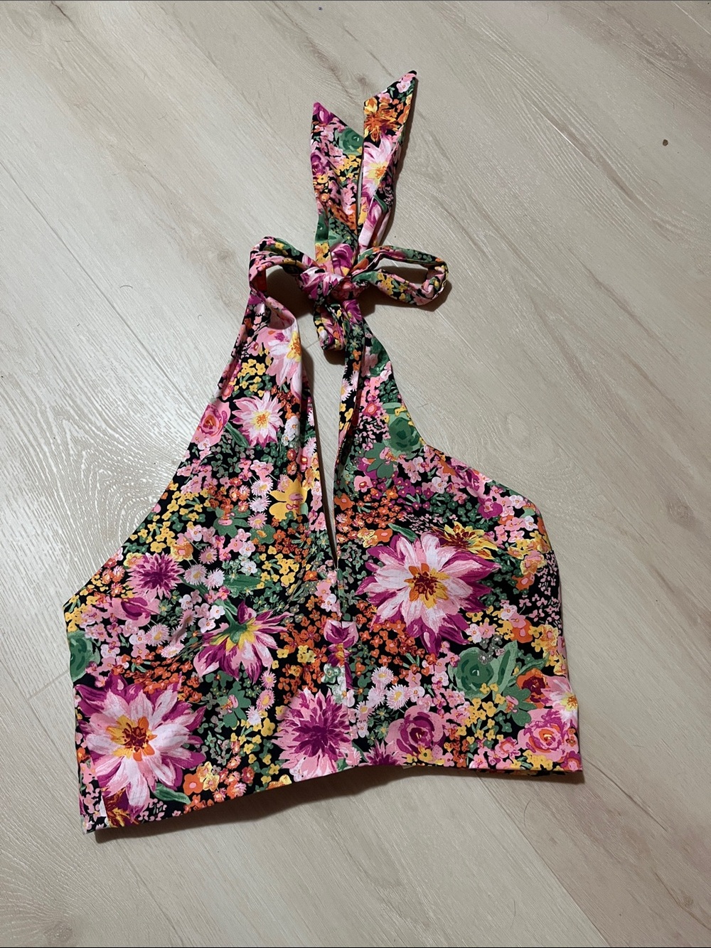 H&M Floral Halter Crop Top in Pink, Green, Yellow on Black